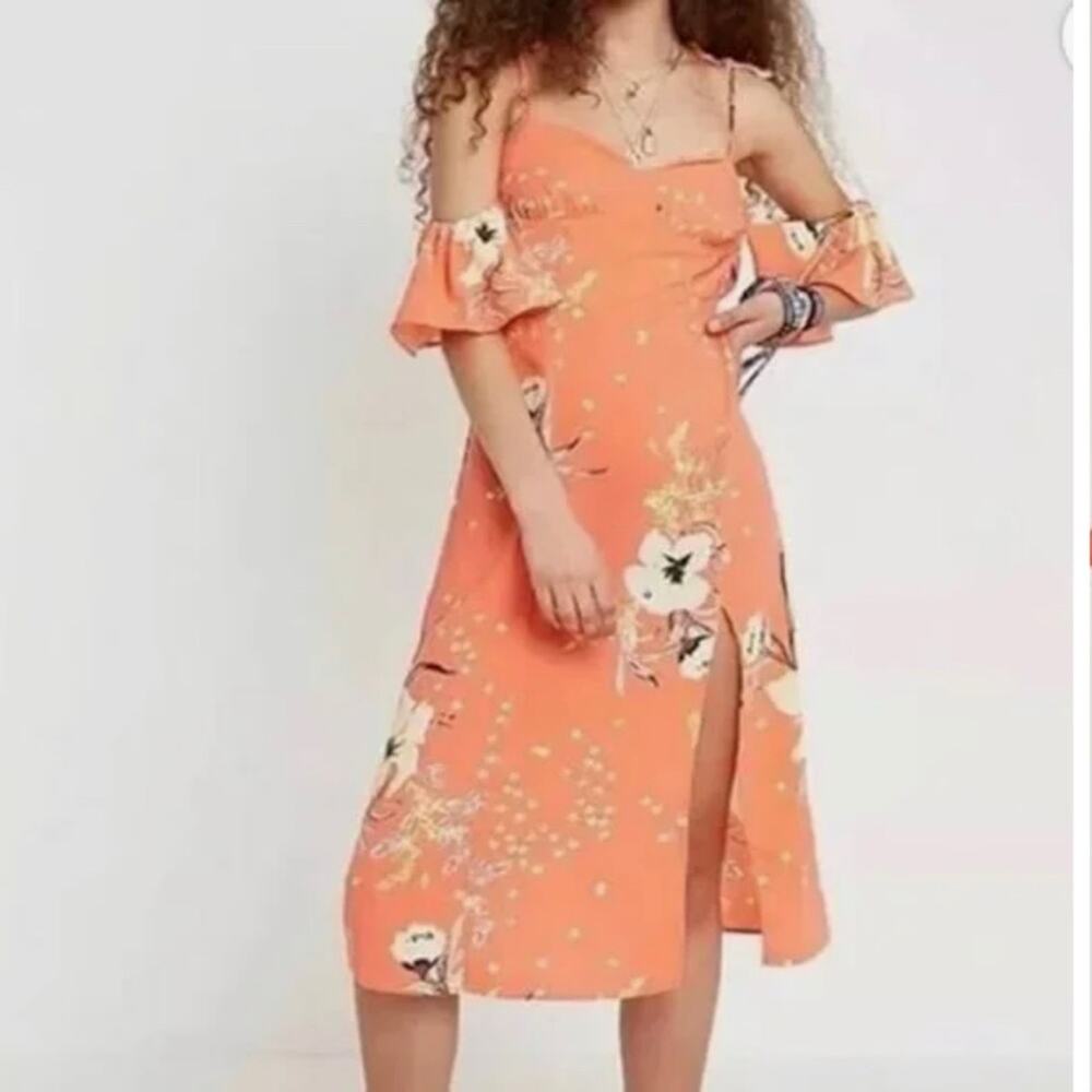 NEW Urban Outfitters Boardwalk Floral Midi Dress Boho Prairie Fairy Coral Medium